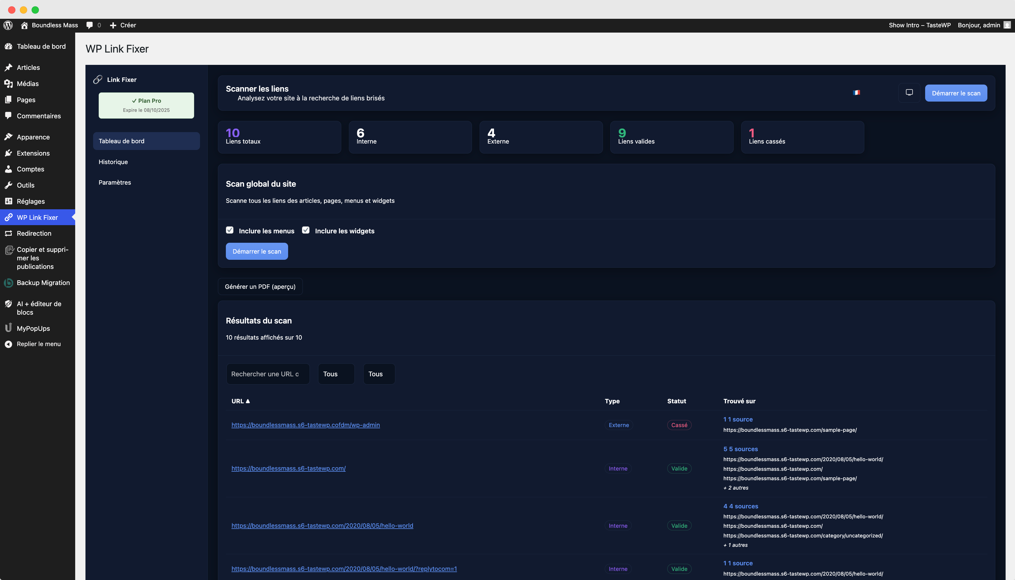 Capture d’écran LinkFixer – aperçu du scanner de liens
